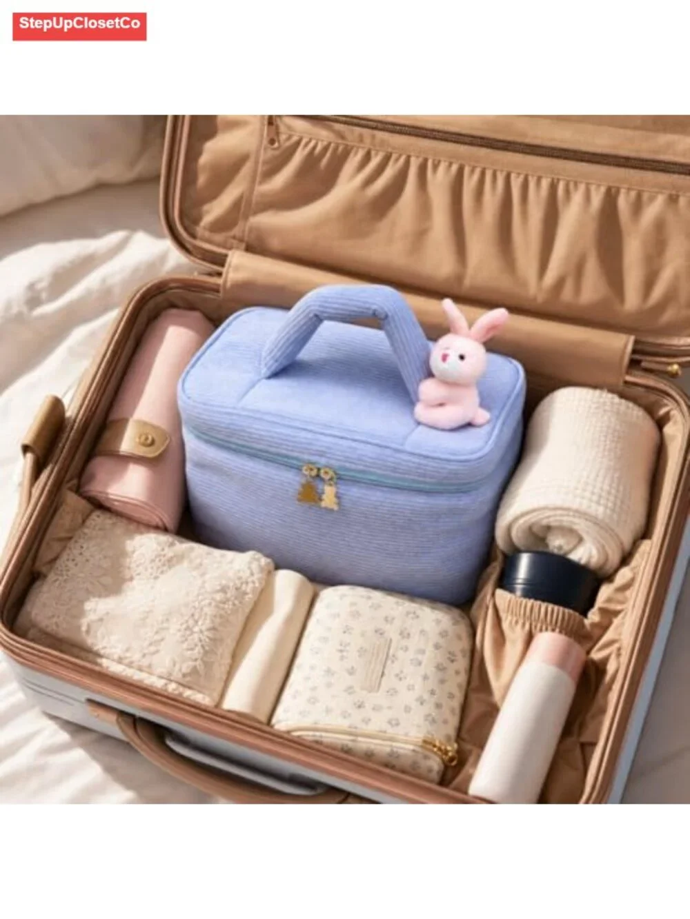 Cute Corduroy Makeup Bag with Bear Charm, Large Cosmetic Organizer, Travel